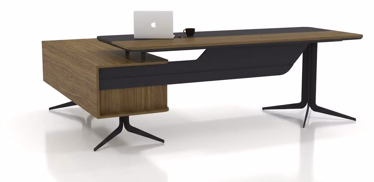 Scrivania moderna, combinazione legno e metallo, design nero