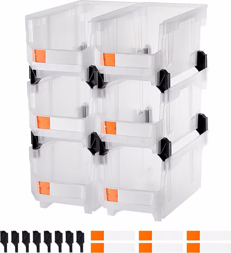 Contenitori a vista - Set di 6 contenitori impilabili - 37,7 x 21,5 x 18 cm - Impilabili - Per piccoli oggetti, officina e ufficio - Trasparenti