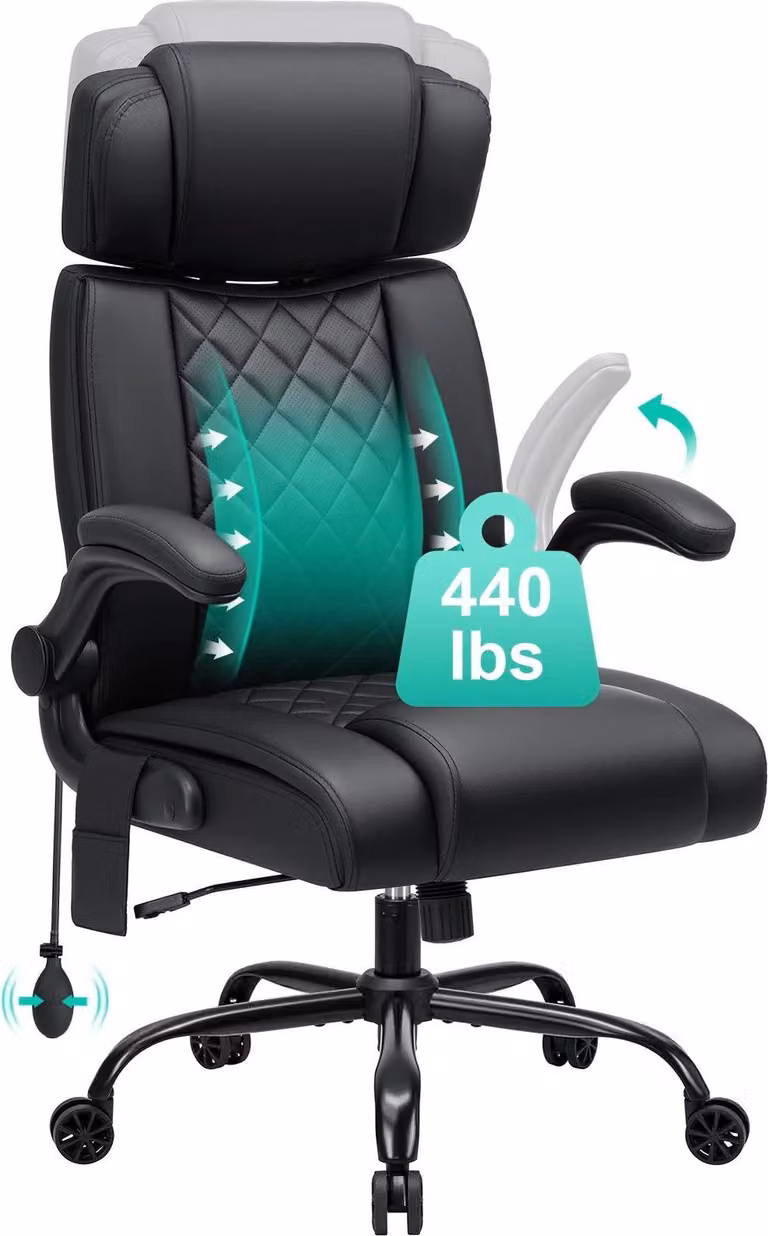 Sedia da ufficio ergonomica - Poltrona direzionale - Portata 200 kg - Supporto lombare - Schienale alto - Braccioli ribaltabili - Regolabile in altezza - Pelle finta - Marrone