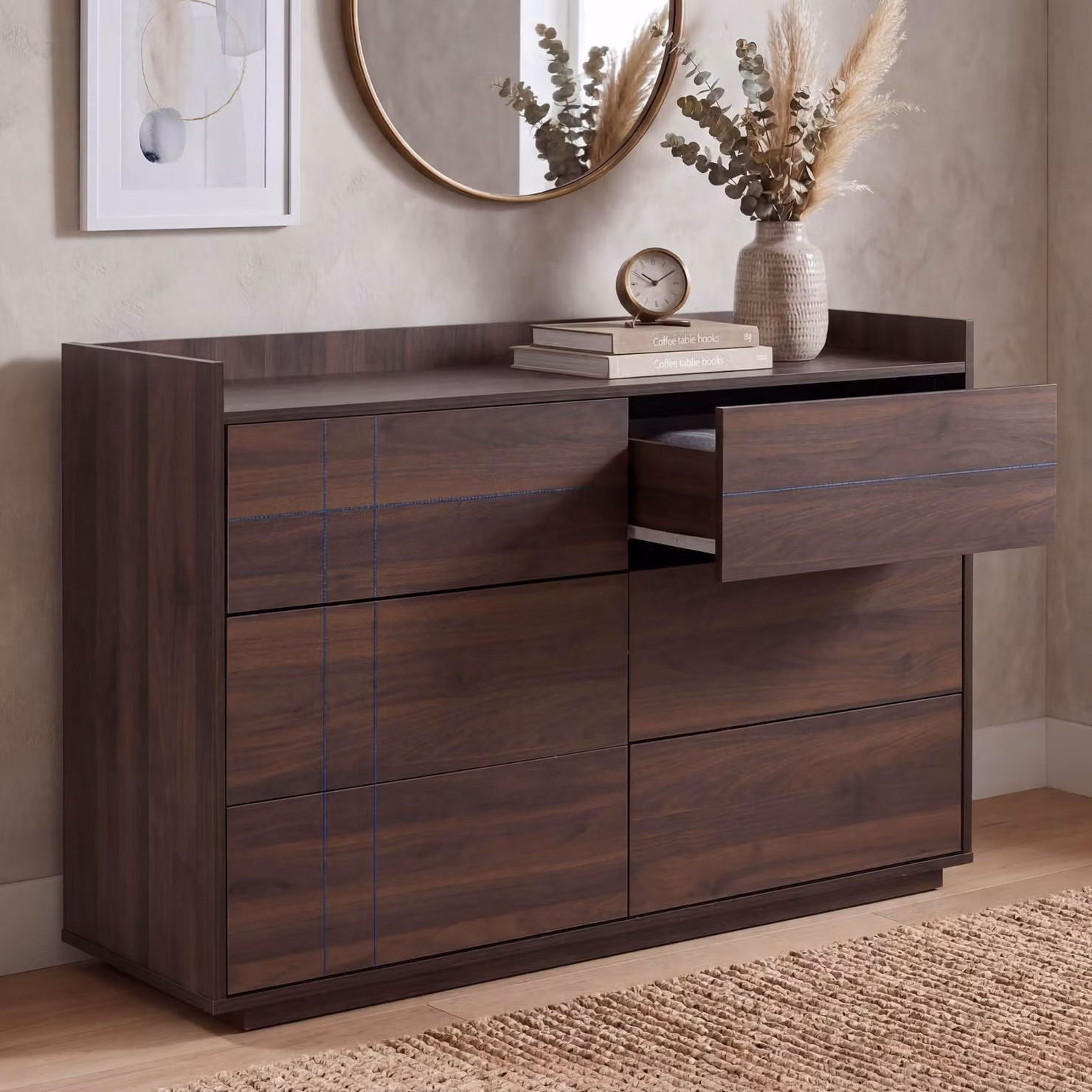 Comò HWC-P44, credenza, 6 cassetti con apertura a pressione, MDF 83x120x40 cm ~ effetto noce