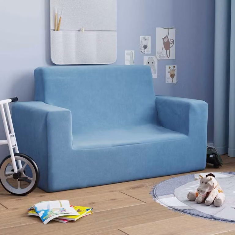 vidaXL Divano per Bambini a 2 Posti Blu in Morbido Peluche