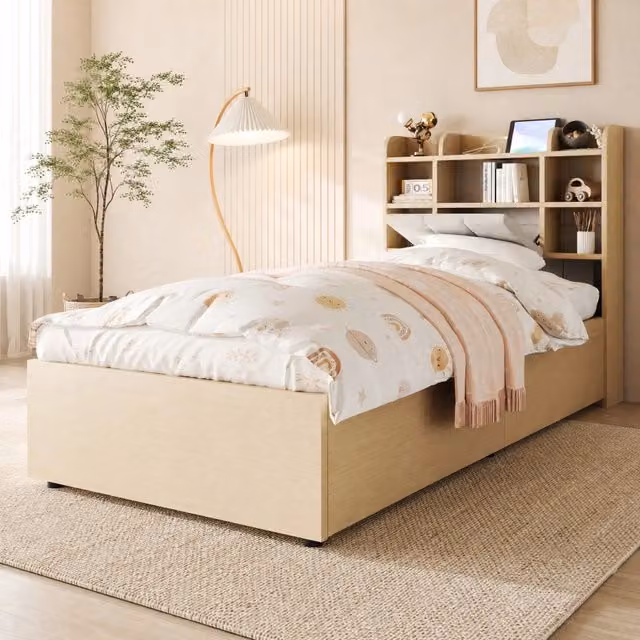 Letto singolo 90x200 cm con contenitore idraulico; testiera con vani; USB e USB-C; MDF; colore legno naturale
