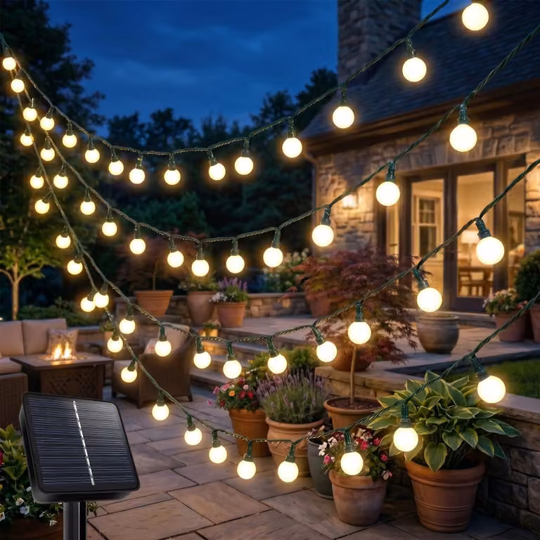 Catena luminosa solare, lunghezza 13,9 metri, 120 LED bianco caldo, grado di protezione IP65, 8 modalità
