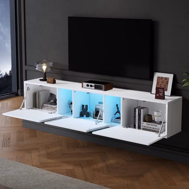 Mobile TV sospeso con LED controllabile da app, 3 ante a ribalta e 5 vani, bianco lucido, 180 × 35 × 30 cm