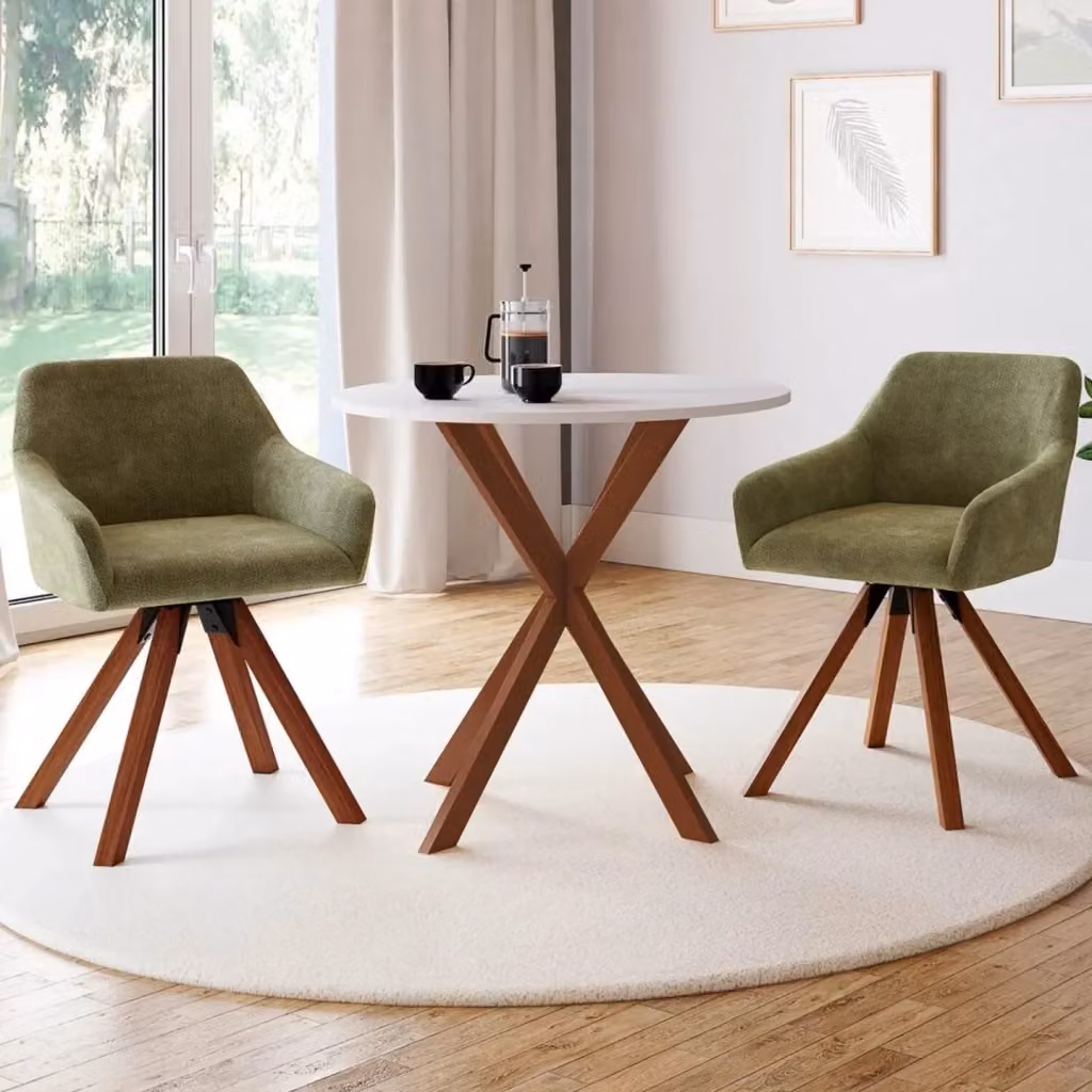 Set di 2 sedie girevoli 360 IDMarket JANY in tessuto chenille verde con base in noce – 2