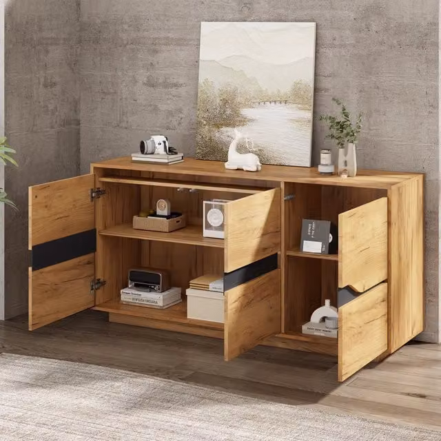 Credenza con 3 ante ammortizzate e 5 ripiani regolabili per soggiorno, in truciolare rovere e nero, 140 × 40 × 70 cm