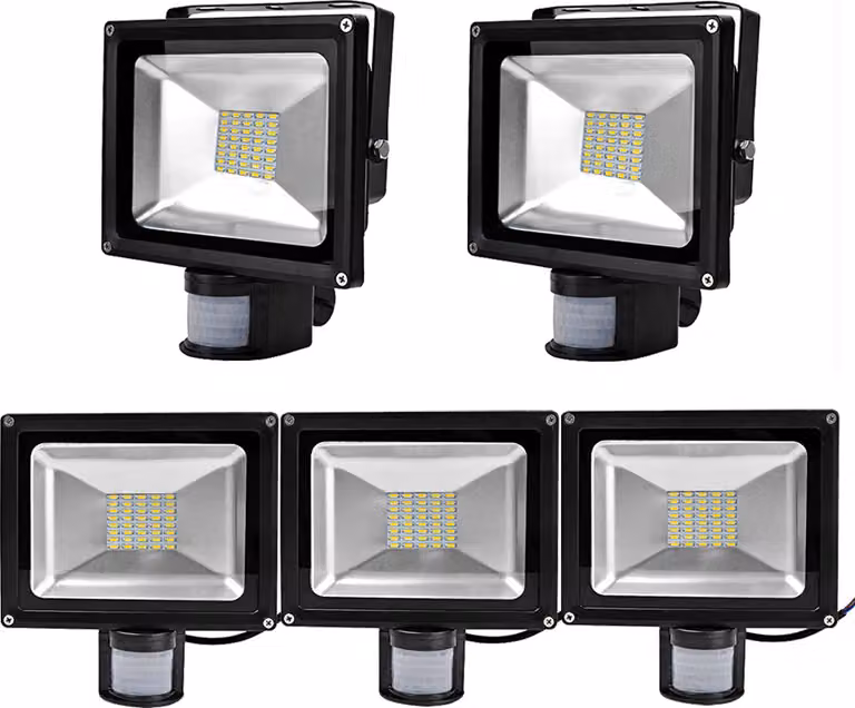 Greenmigo 5 pezzi, faretti LED SMD da 30 W, proiettori da esterno con sensore di movimento PIR, impermeabili IP65, corpo in alluminio, colore nero, luce bianco caldo, alimentazione CA 85 ~ 265 V
