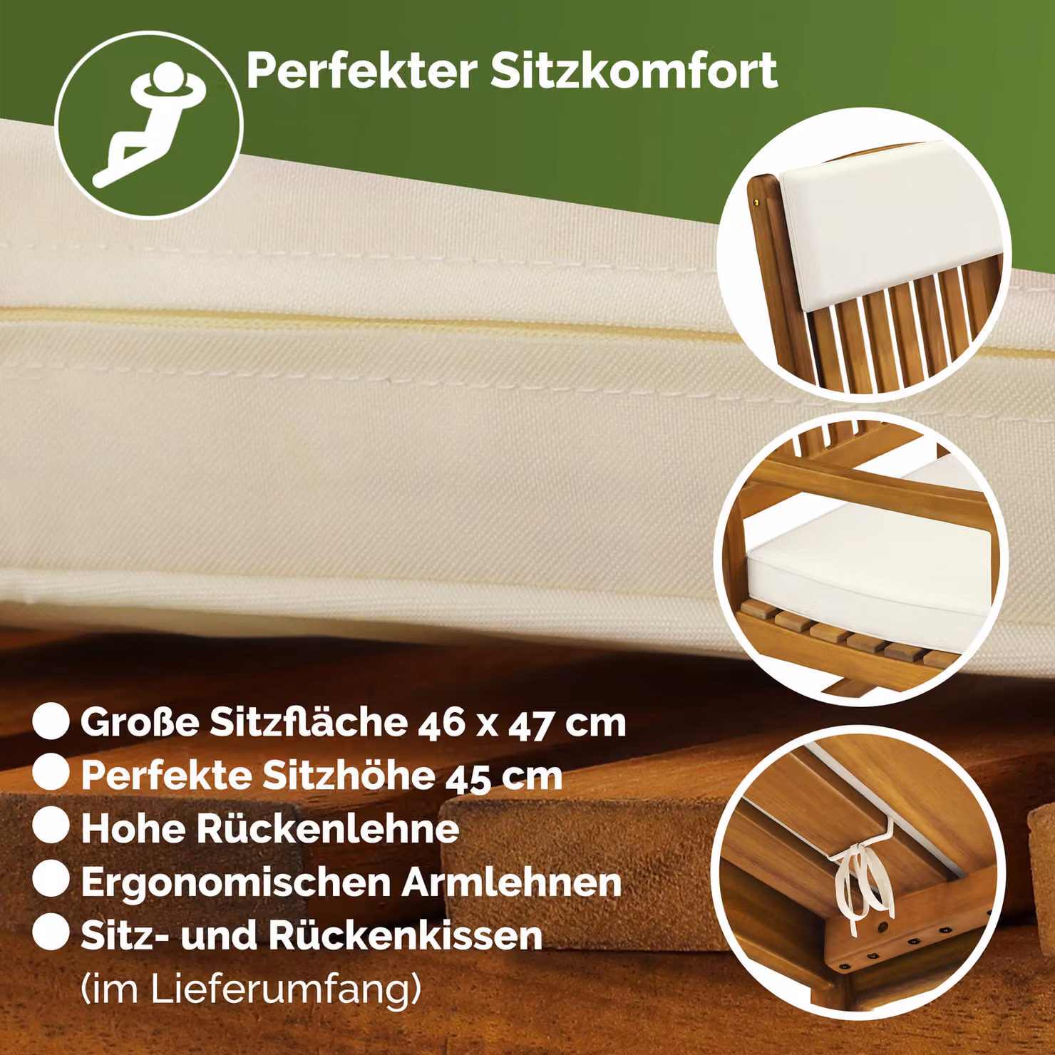 Sedia a dondolo Casaria in legno di acacia marrone con cuscini, H 107 x L 54 x P 76 cm – 2