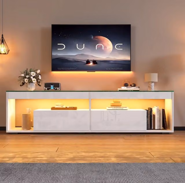 Mobile TV ULEVR 180x40x46 cm con LED dimmerabile, 2 cassetti e vetro temprato, bianco