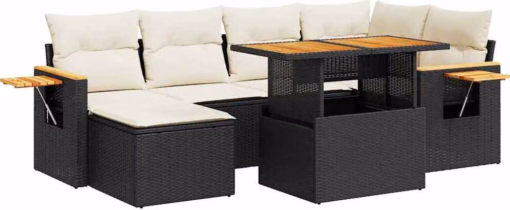 Set Divani da Giardino con Cuscini 7pz Nero Polyrattan Acacia