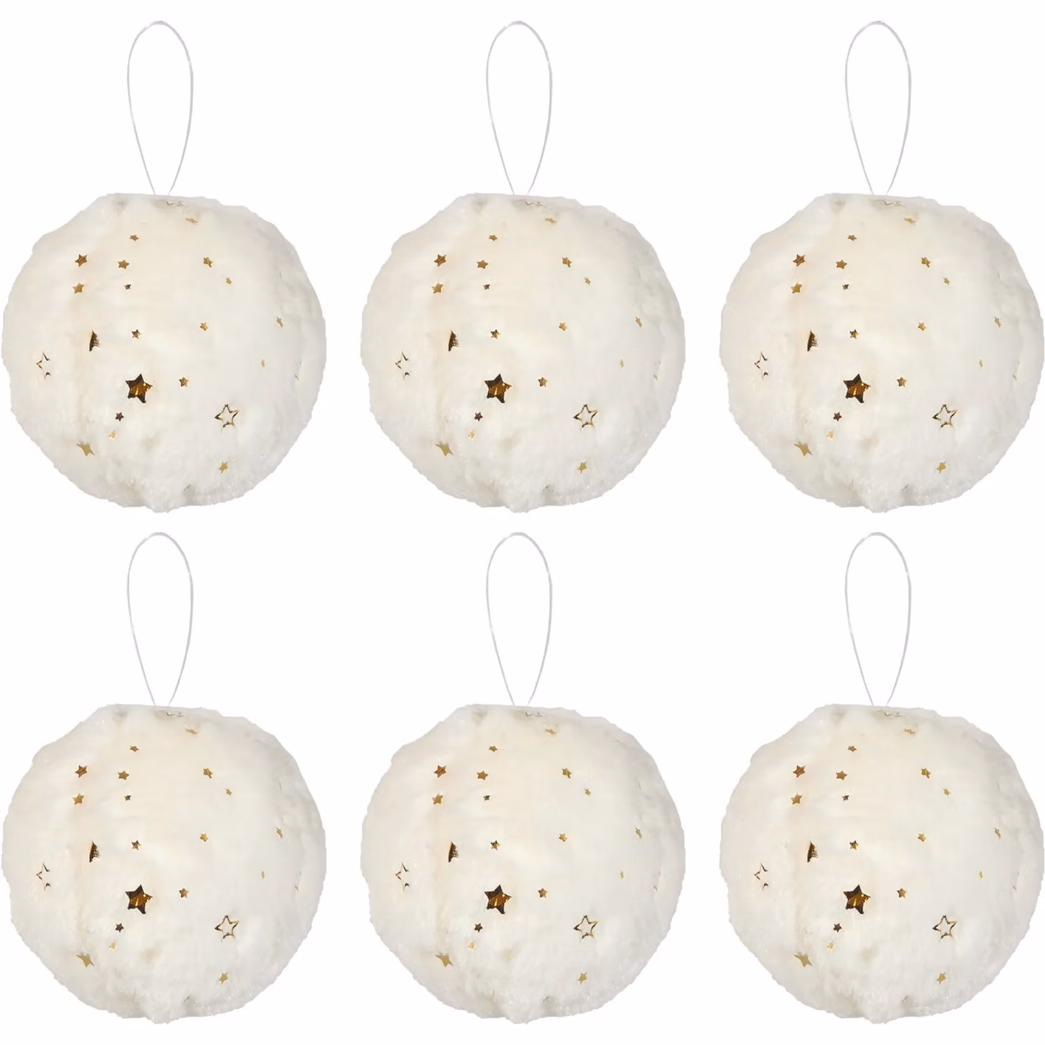 Set di 6 Palle di Natale Vestiamo Casa Gran Natale con Effetto Peluche, Colore Bianco e Oro con Decorazioni a Stelle, Diametro: 8 cm