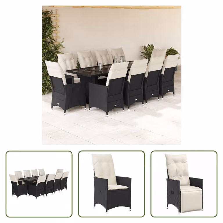 The Living Store Set bistrot da giardino da 11 pezzi con cuscini in poly rattan nero