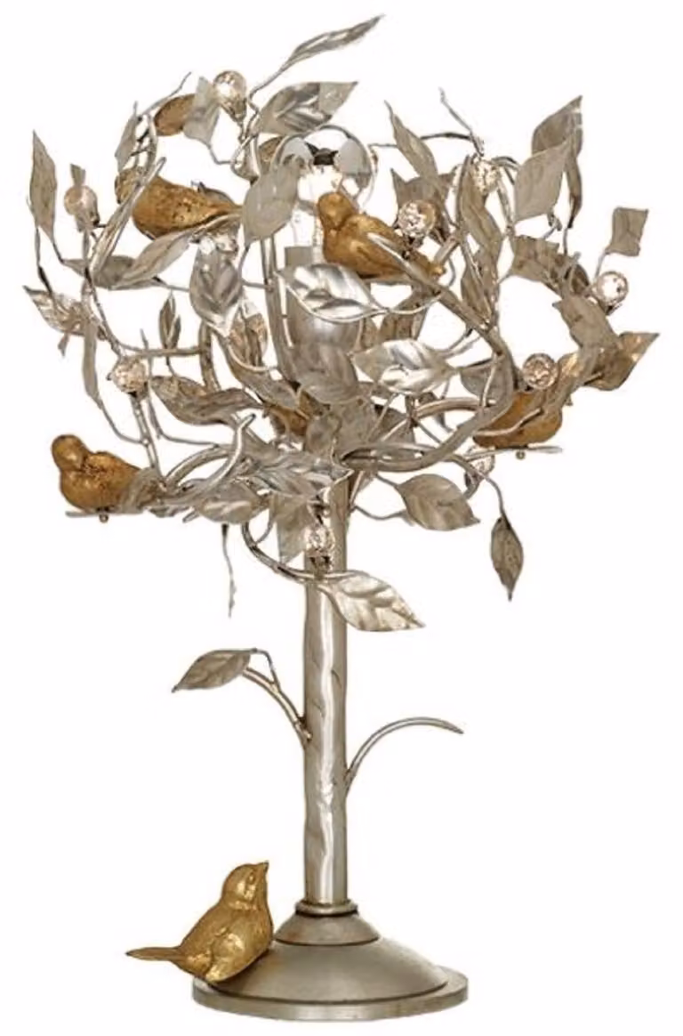 Casa Padrino lampada da tavolo albero e uccelli argento / oro Ø 36 x H. 56 cm - Lampada da tavolo moderna in metallo con vetro in cristallo Swarovski - Lampada per hotel e ristoranti