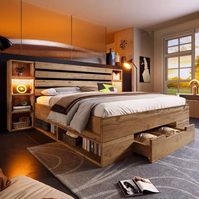 Letto matrimoniale 180x200 cm con testiera LED; vani contenitore; 2 cassetti e ricarica USB e Type C in metallo e legno rovere