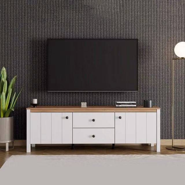 DMORA Mobile Porta TV Moderno con Cassetto, Bianco Opaco e Legno, L: 163 cm, P: 40 cm, H: 53 cm