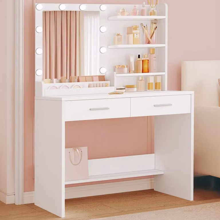 Comò da trucco con specchio e illuminazione a LED, 90 cm, bianco, 2 cassetti, 4 ripiani aperti