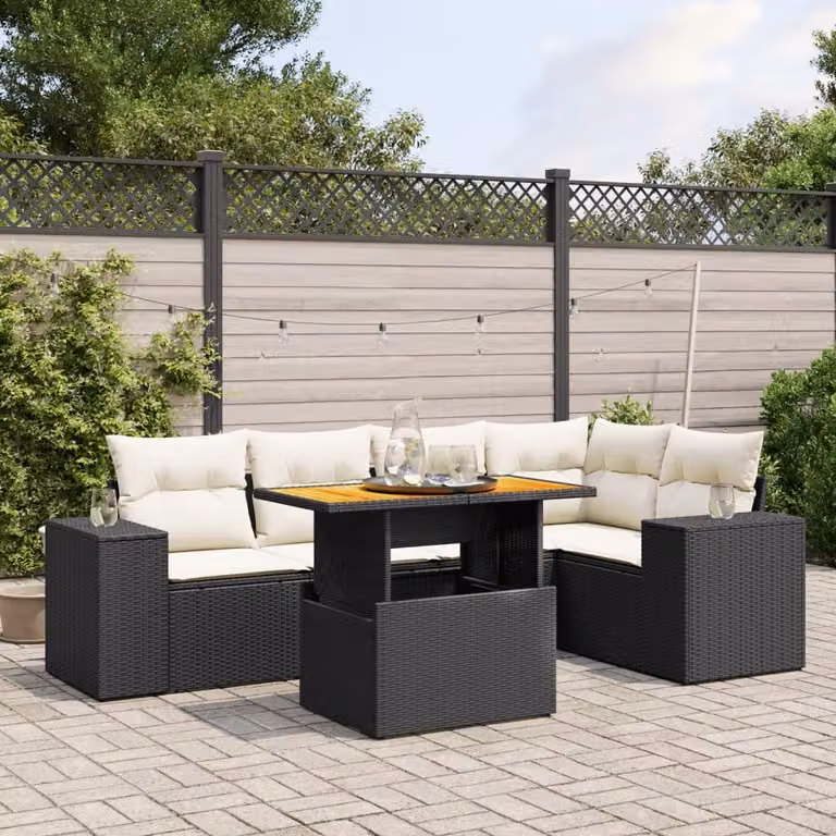 vidaXL Set Divano da Giardino a L in Polyrattan Nero con 6 Pezzi e Cuscini