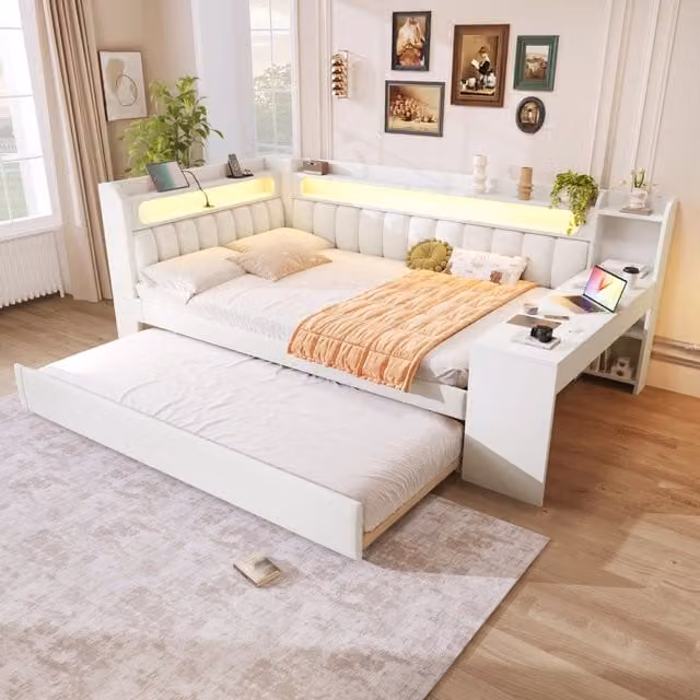 Letto imbottito 140x200 con letto estraibile 90x190; USB; LED e scrivania integrata; bianco