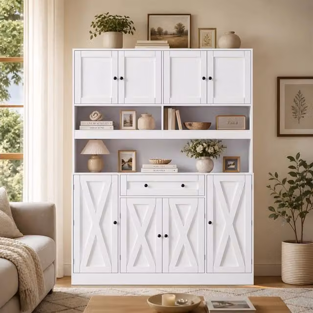 Credenza alta da cucina 140x40x185 cm con piano di lavoro; presa elettrica e ripiani regolabili