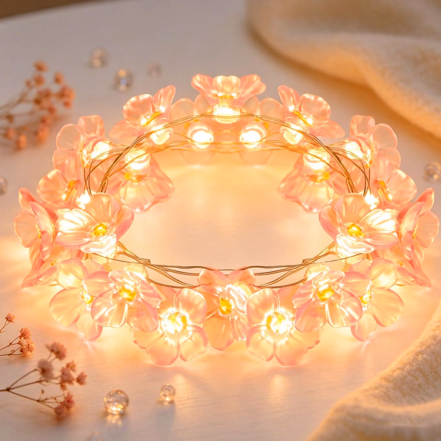 Luci fatate a forma di fiori di ciliegio, 20 LED, 2,3 metri di lunghezza, color viola, alimentate a batteria