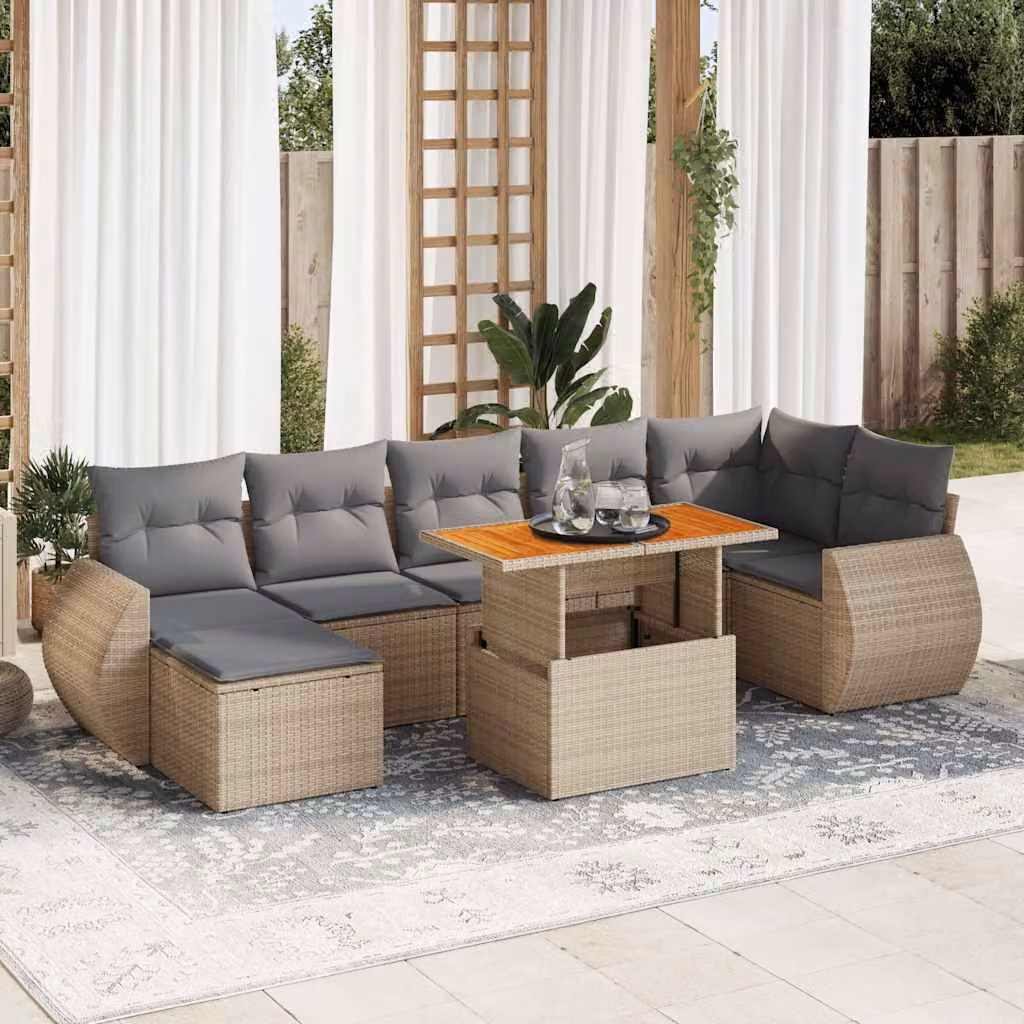 Set Divano da Giardino vidaXL 8 pz in Polyrattan Beige con Cuscini e Tavolino da Esterno