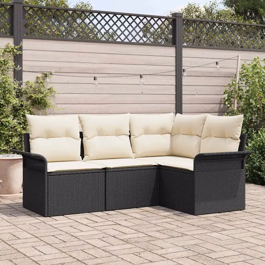 Set Divano da Giardino L-Shape vidaXL in Polyrattan Nero con Cuscini e Contenitore per l'Archiviazione – 1