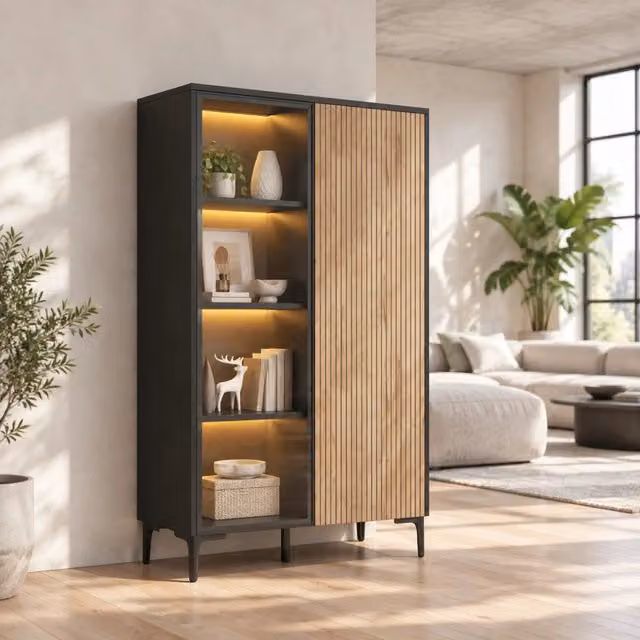 Vetrina moderna in MDF con 2 ante, LED RGB e 8 vani, 90 x 40 x 135 cm