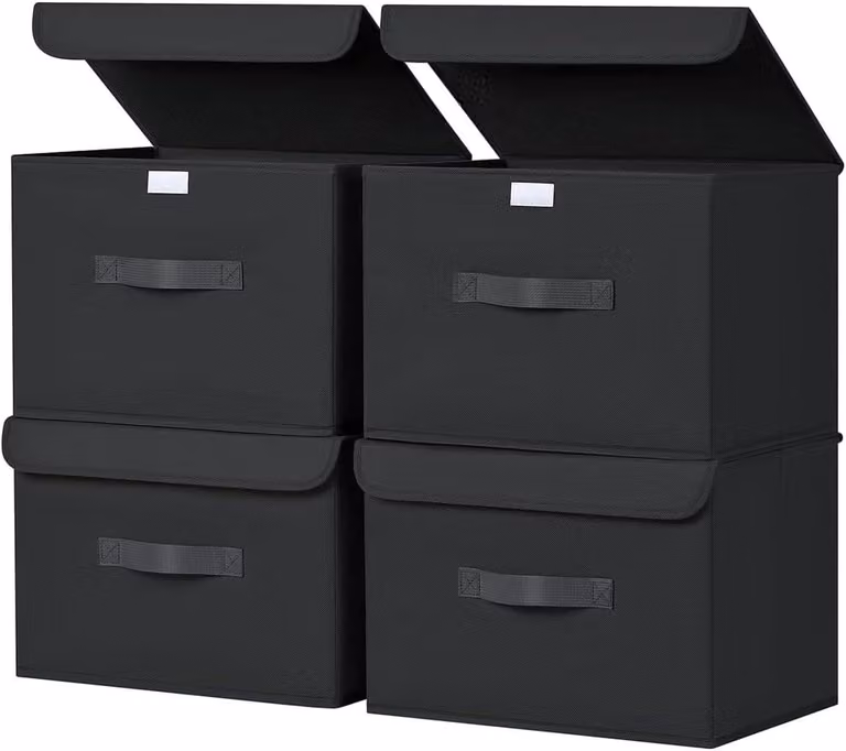 Scatole contenitore con coperchio, set di 4 ceste portaoggetti, tessuto, 38 x 25 x 25 cm