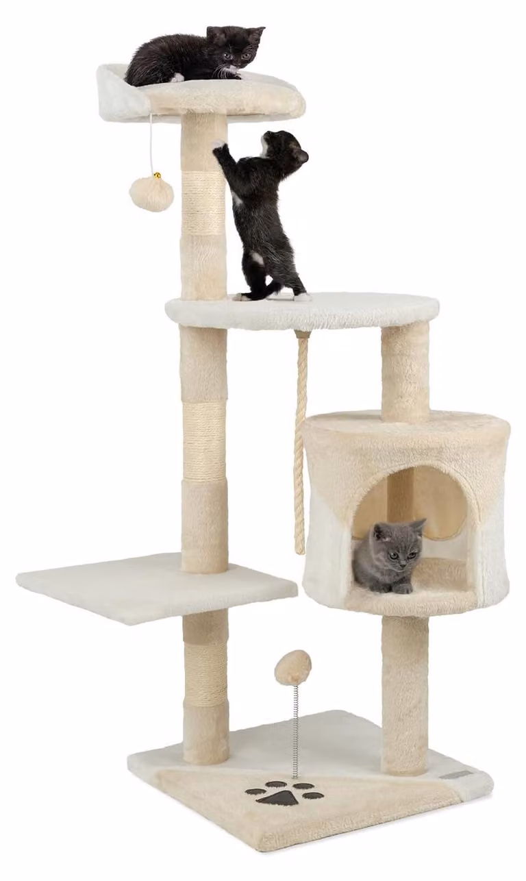 tiragraffi lionto per gatti alto 112 cm, con grotta, corda in sisal, palline di peluche e supporto a parete, albero compatto per arrampicarsi, beige/bianco