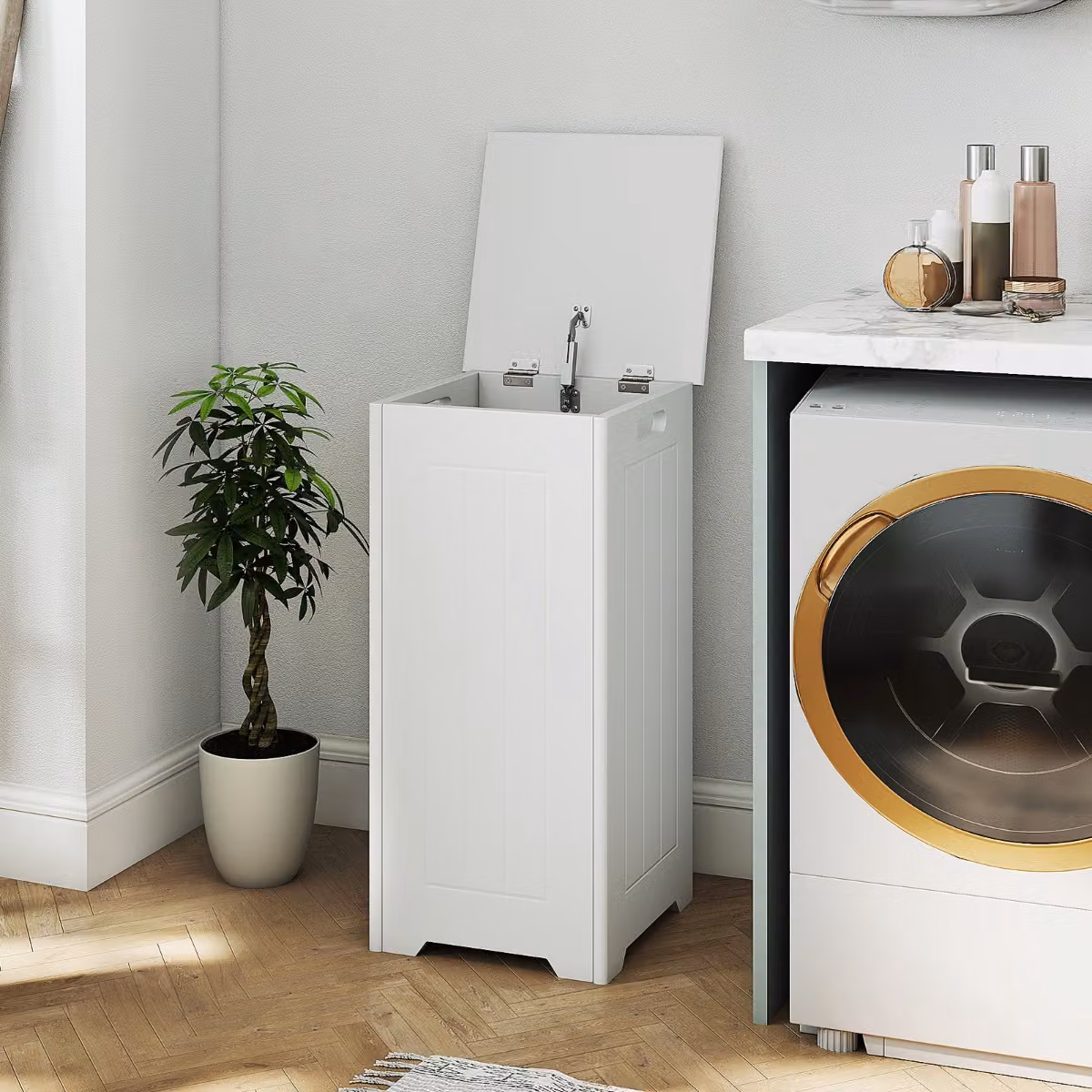 Cesto della biancheria Costway da 34 L con coperchio in metallo e finitura in legno, Bianco