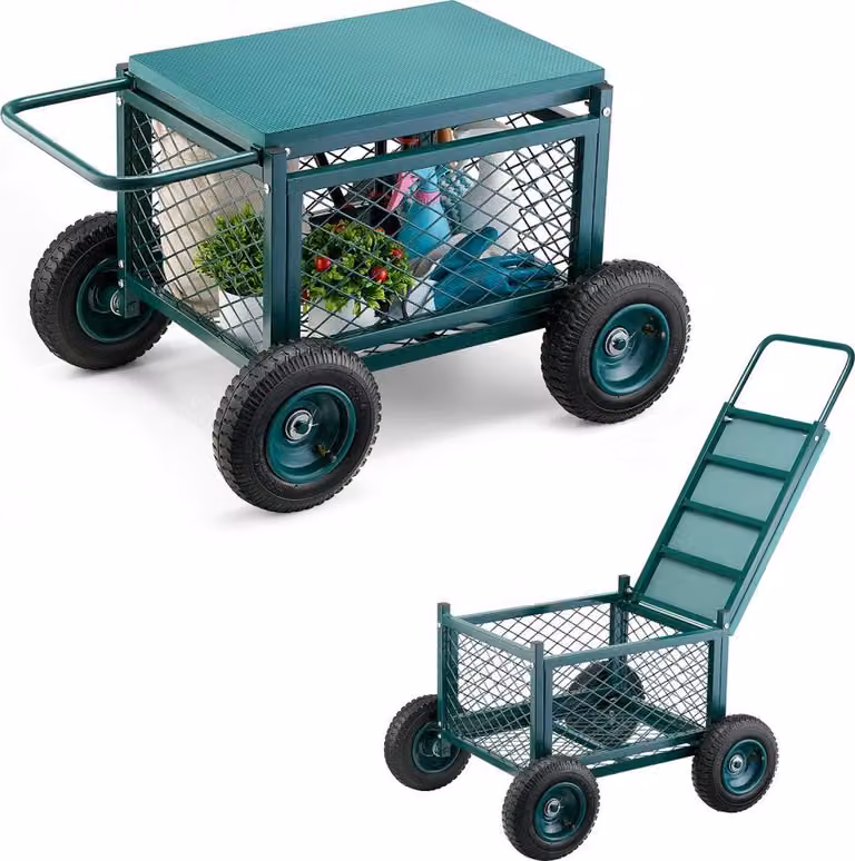 Carrello da giardino rotante con sedile - Sedile da giardino rotante da 180 kg - Spazio di stoccaggio 76x52x44 mm - Sedile da giardino mobile
