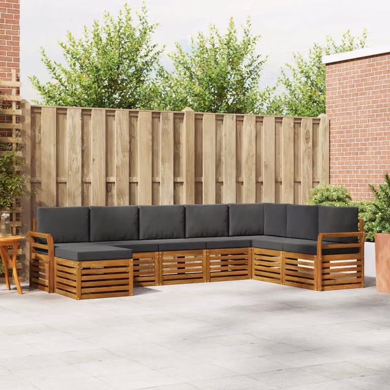vidaXL Set di divani da esterno a L in legno di acacia con cuscini, 8 pezzi, Marrone, Beige e Antracite