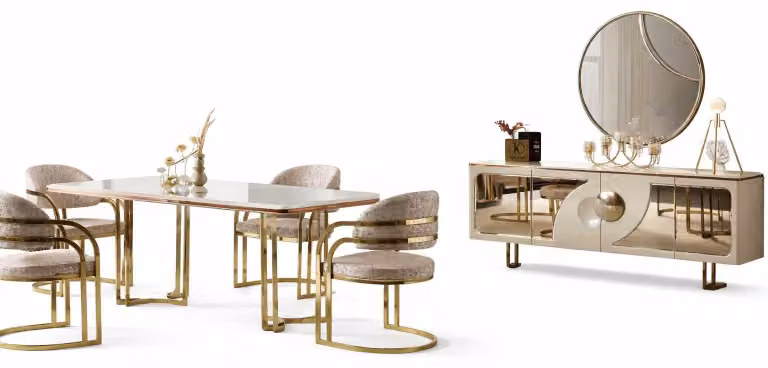 Set di mobili da sala da pranzo tavolo da pranzo, 4 sedie e credenza moderna, 7 pezzi
