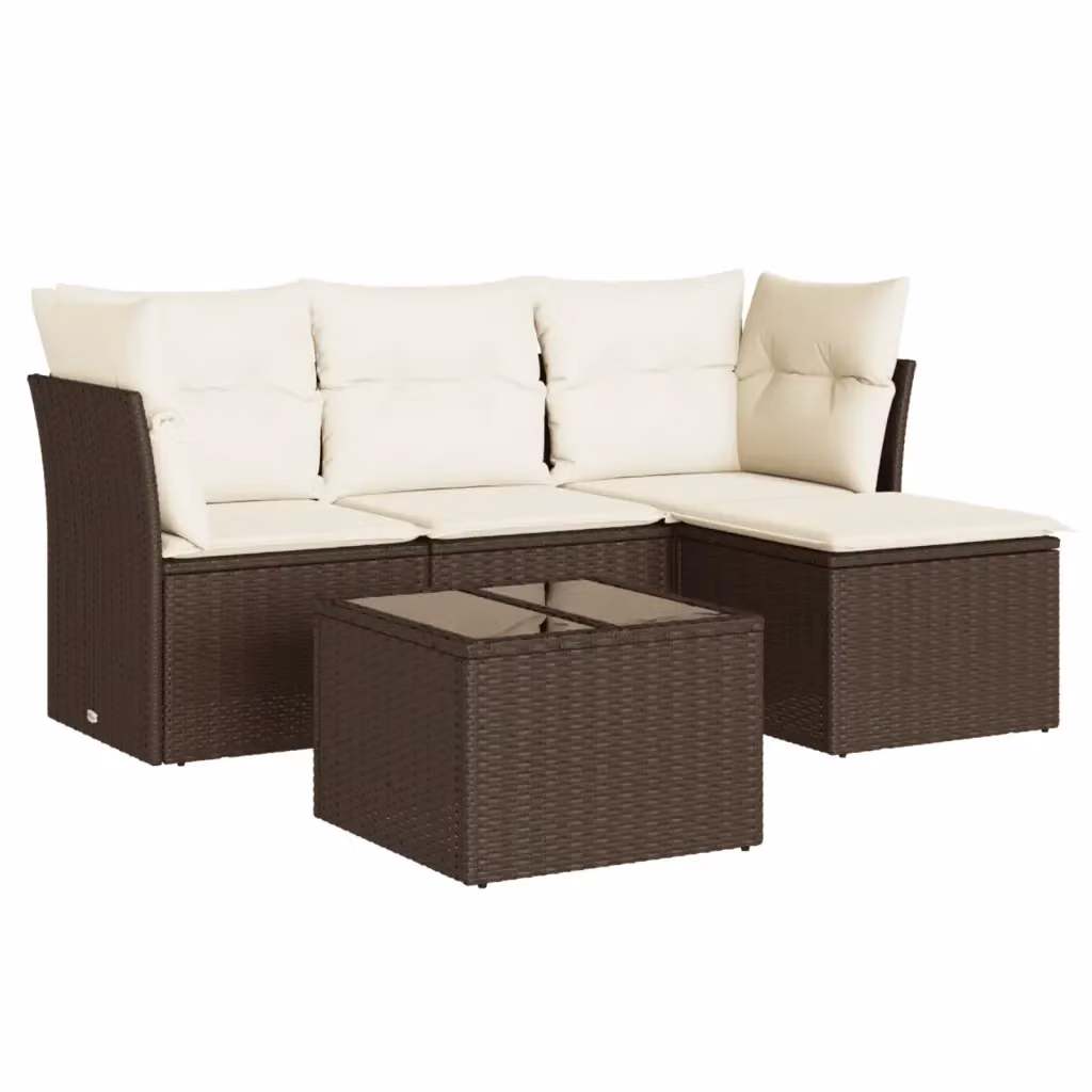vidaXL Set Divano da Giardino 5 pz in Polyrattan Marrone con Cuscini e Tavolino da Caffè – 2