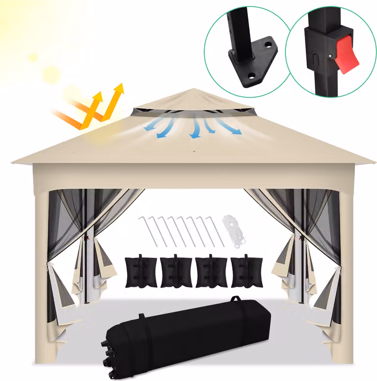Clanmacy Gazebo pieghevole pop-up 3,3x3,3x2,7 m con ombrellone, zanzariera, borsa per il trasporto, sacchi di sabbia, protezione UV, doppio tetto con fori di ventilazione, beige