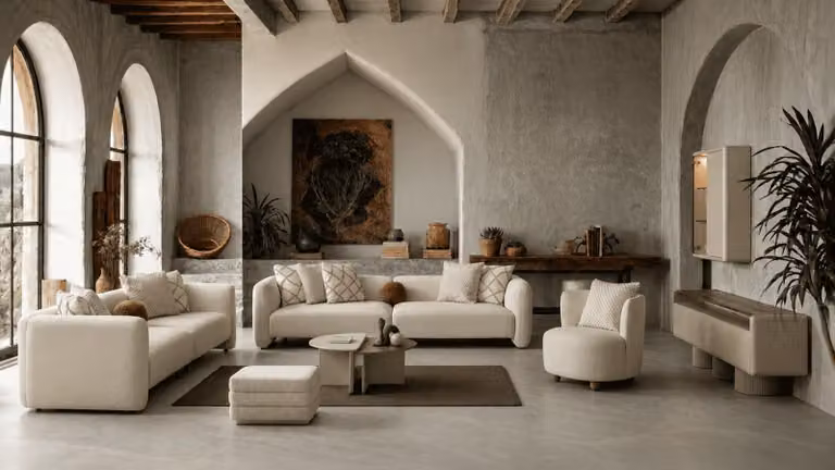 Set per soggiorno color beige: divano modulare a 3 posti, poltrona, tavolino, poggiapiedi, mobile TV