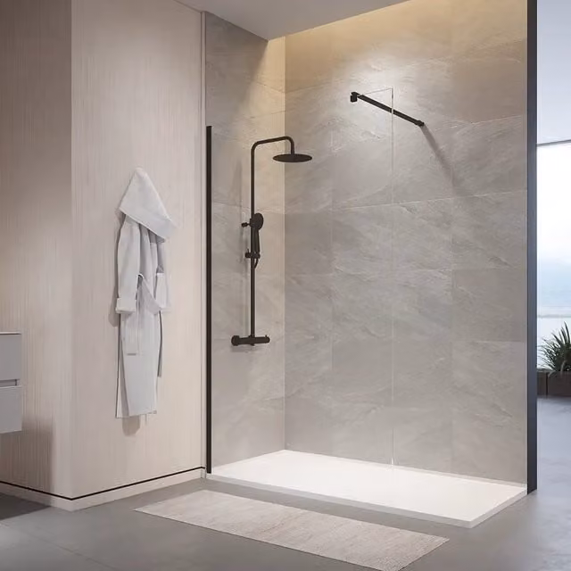 Doccia walk-in 130cm vetro temperato anticalcare 10mm trasparente profili neri | Naxos