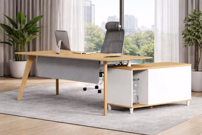 Scrivania angolare bianco e marrone, scrivanie da ufficio esclusive, scrivania in legno