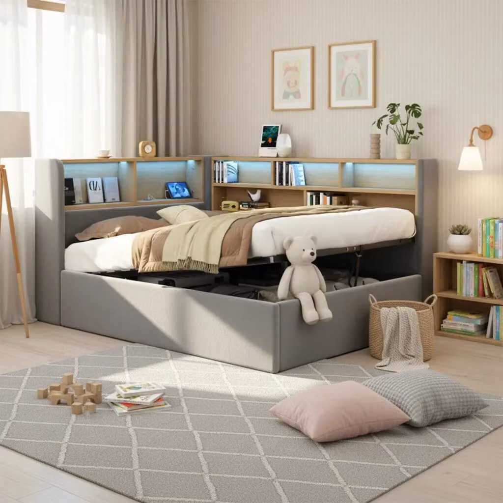 Letto divano singolo con contenitore idraulico, mensole, luci LED e porta USB in velluto grigio, L: 90 cm, P: 200 cm – 2