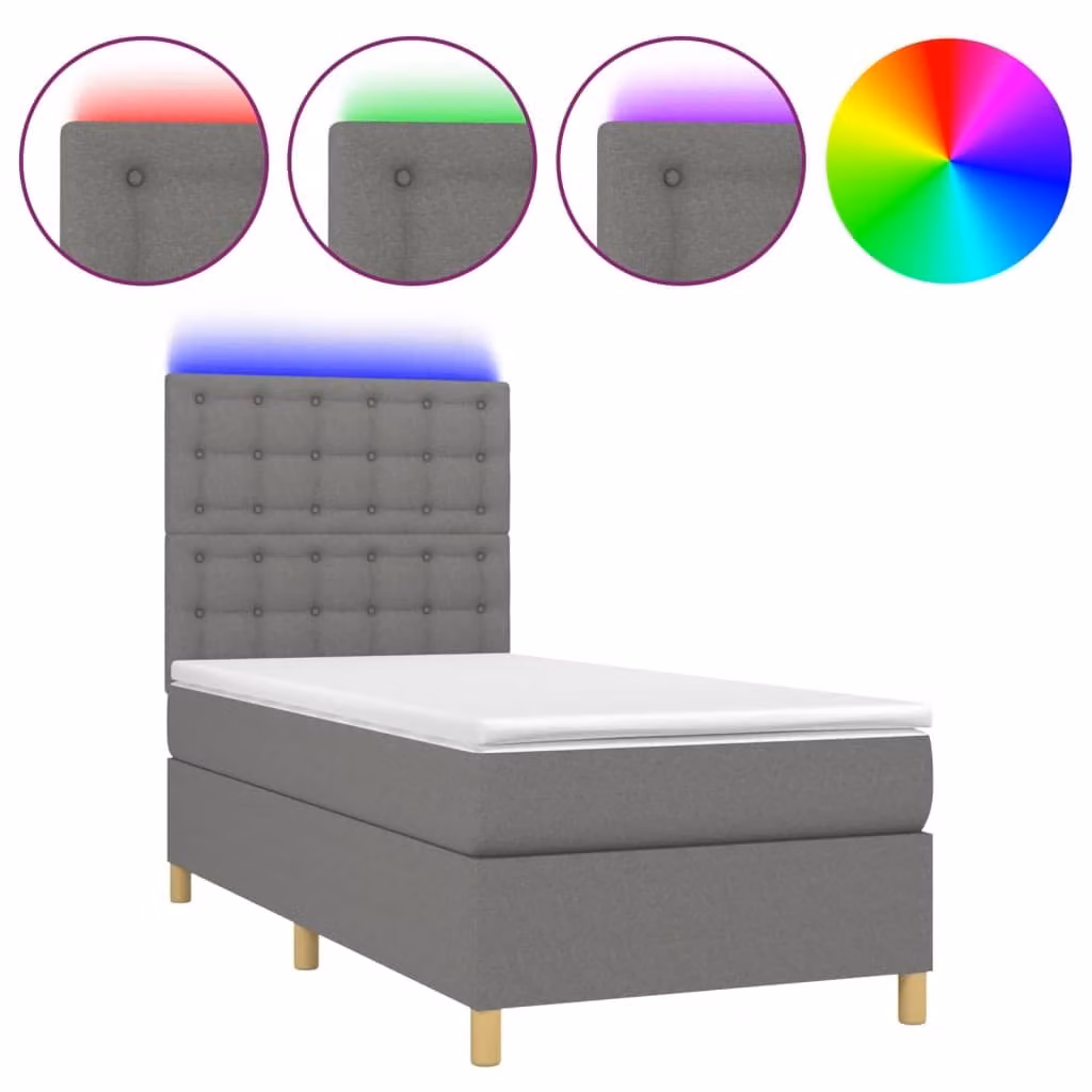 Letto a Molle Materasso e LED Grigio Scuro 100x200cm in Tessuto