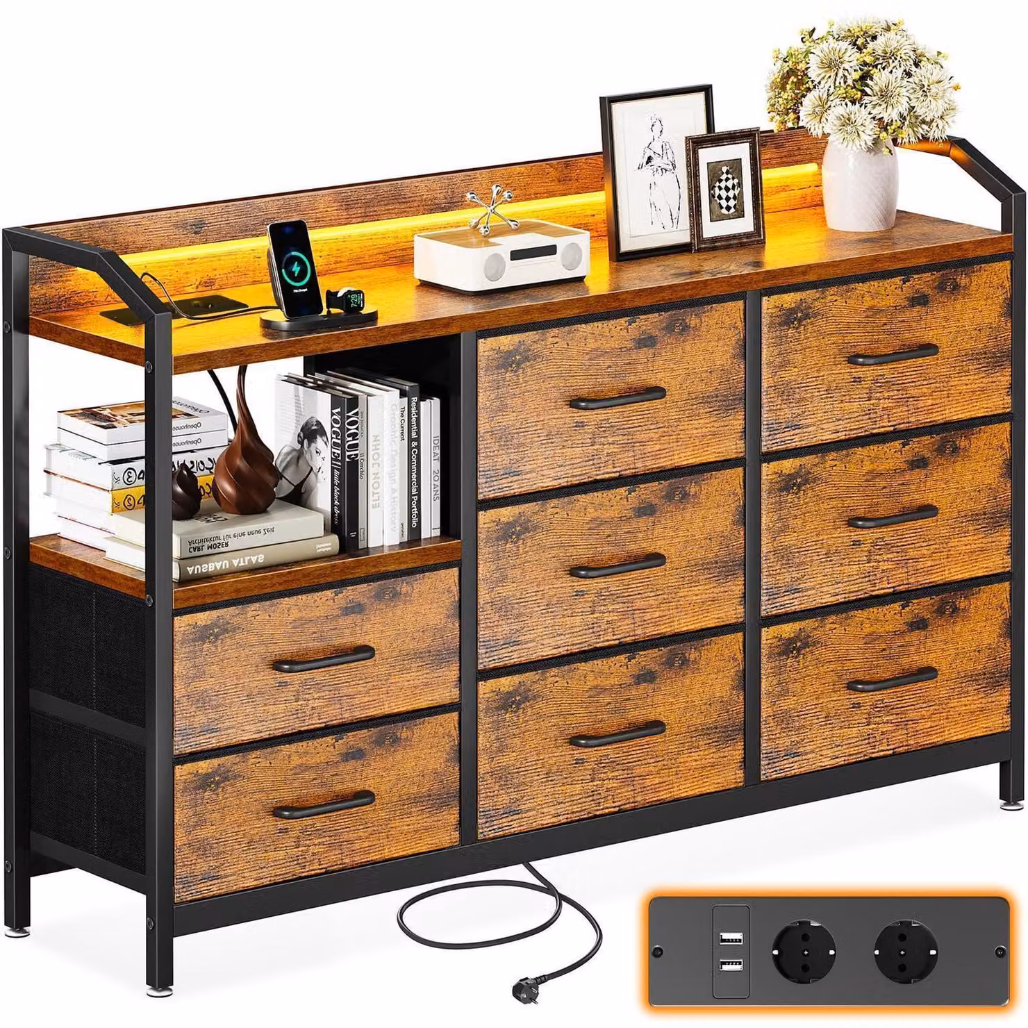 Comodino con 8 cassetti rivestiti in tessuto, illuminazione LED, 2 prese USB e 2 prese di corrente, dimensioni 110x30x88 cm, stile vintage