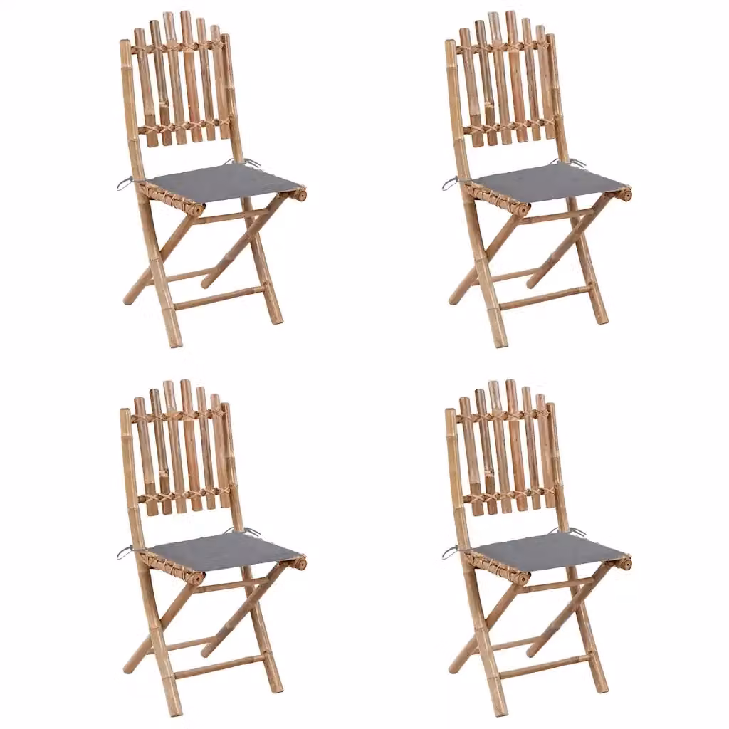 Set da pranzo da giardino in bambù da 5 pezzi con tavolo rotondo pieghevole e cuscini, colori marrone e grigio