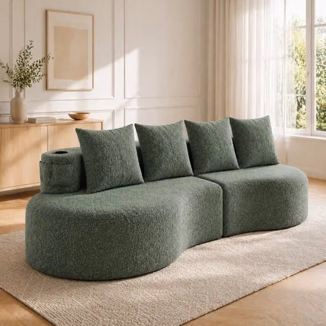 Divano 240x109x63 cm verde, portabicchieri e tasche laterali, lino, 4 cuscini