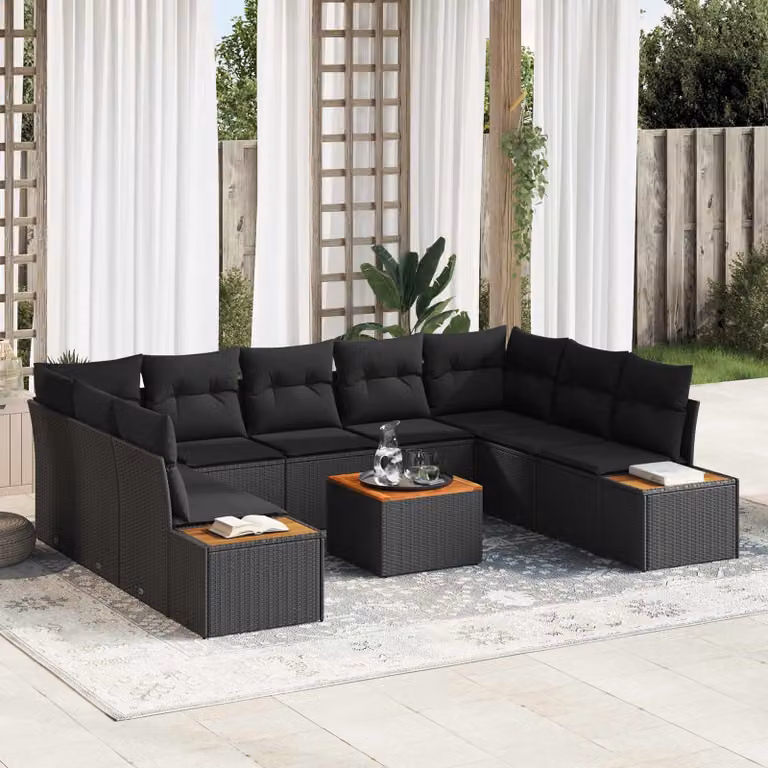 Set Divano da Giardino a L vidaXL con Cuscini e Tavolino Nero in Polyrattan e Metallo