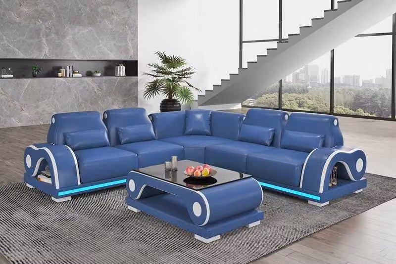 Ecksofa Ledersofa L-Form Couch Sofa Blau Luxus Moderne Eckgarnitur Couchen