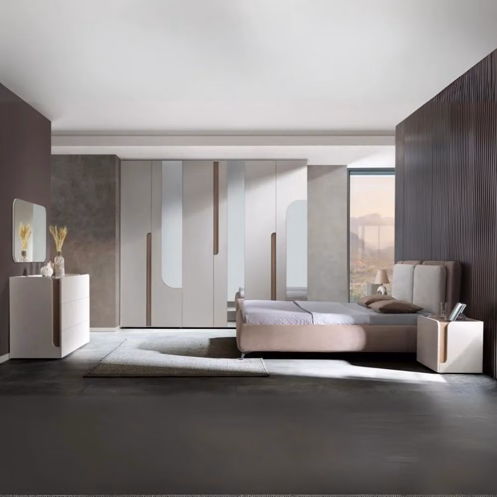 Completa camera da letto moderna Loana in olmo e tessuto beige con armadio a 6 ante, specchi, comodini, cassettiera e letto contenitore 160x190 cm – 2