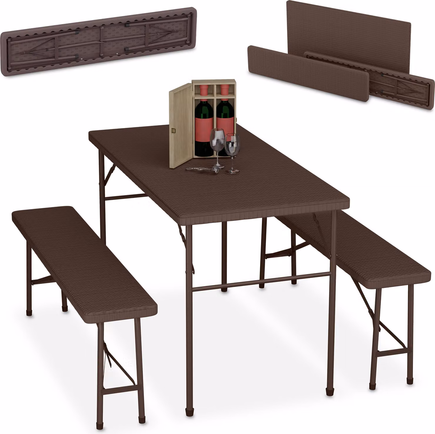 Set da birreria pieghevole Relaxdays, set da 3 pezzi con panca da birreria e tavolo grande, da giardino, set da tendone, effetto rattan, marrone