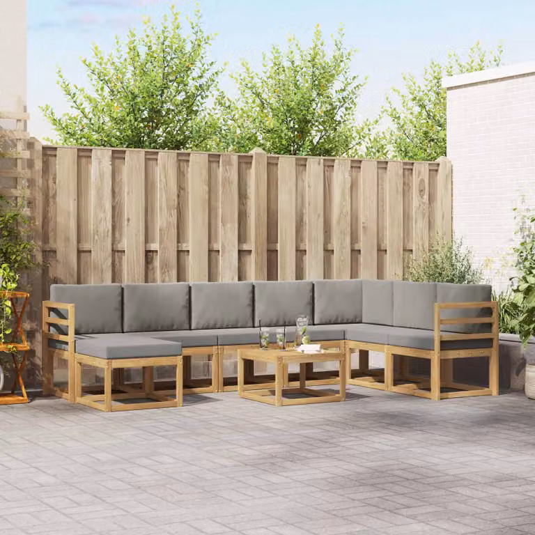 vidaXL Set di divani da esterno 9 pz in legno di acacia con cuscini Bianco e Grigio Chiaro