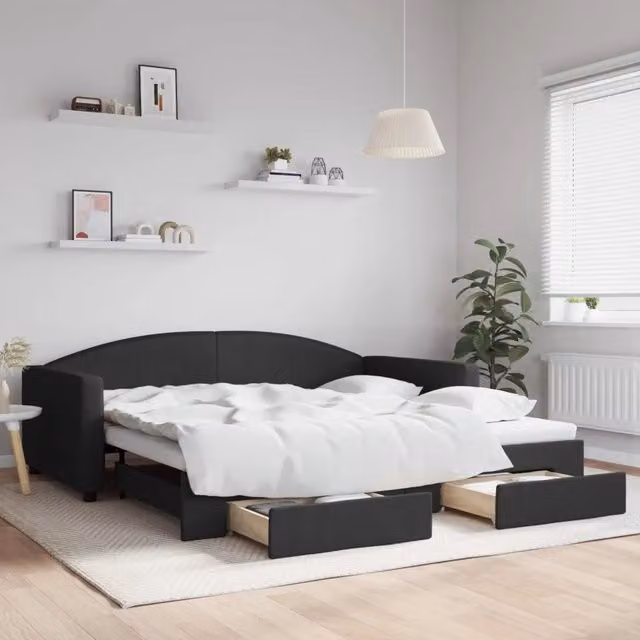Divano Letto Estraibile con Cassetti Nero 100x200 cm in Tessuto 3197231