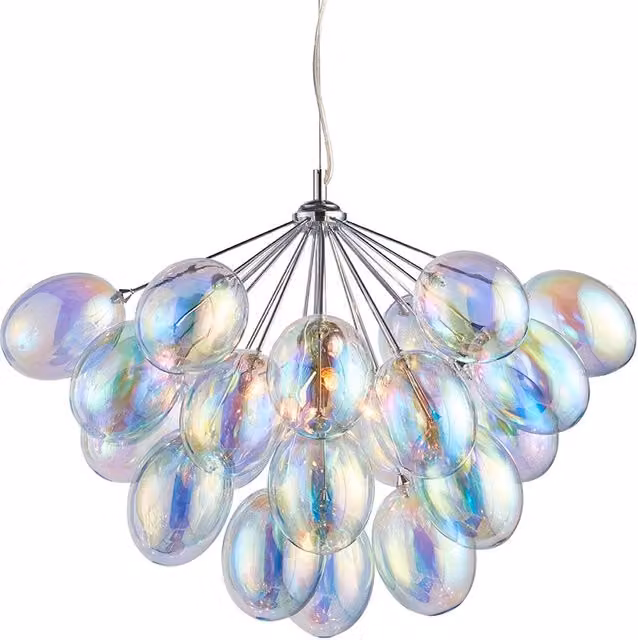 Lampadario a sospensione Infinity Endon cromato con sfere in vetro bianco opalescente, regolabile e dimmerabile, 6xG9